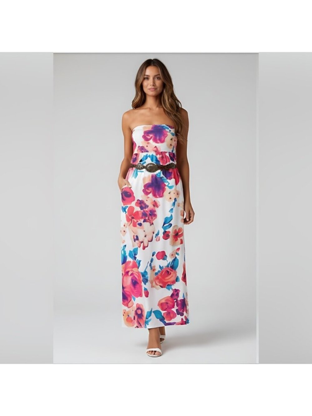 Floral Print Strapless Loose Dress With Pockets